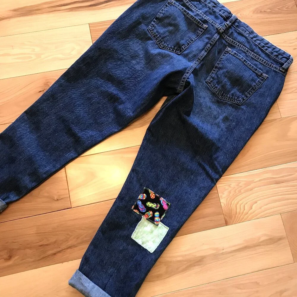Patchwork Denim Capri Pants, Upcycled Gap Summer Patch Cropped Jeans 30 Waist